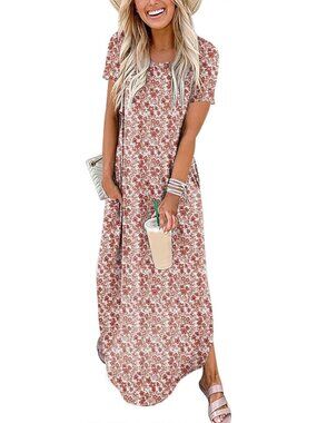 Women's Floral White Pink Summer Maxi Dress Short Sleeve Casual Split T Shirt